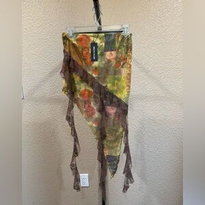 MULTI RENAISSANCE PRINTED LINED MESH ASYMMETRIC LACE TRIM MIDI SKIRT NWT​